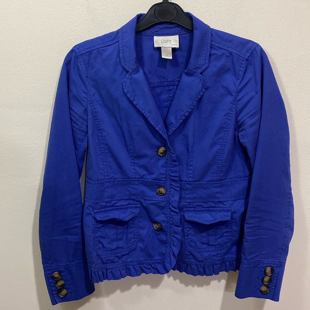 ANN TAYLOR LOFT 0Petites BLUE COLLARD RUFFLED WOMENS COTTON JACKET